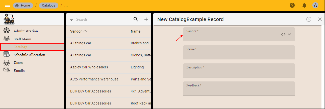 Vendor Field is Available on the Catalogs Form