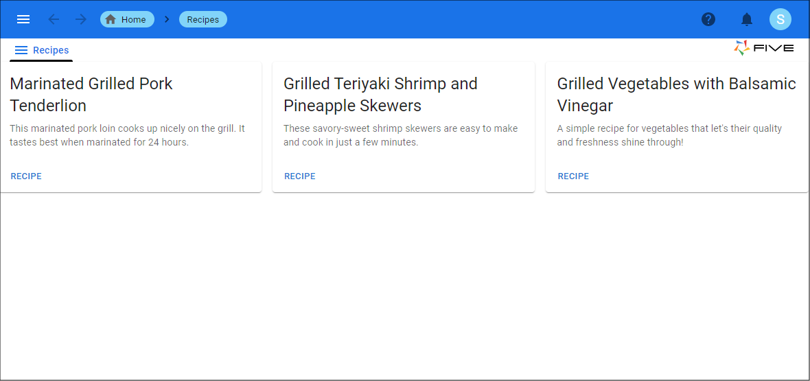 Cards in the Recipes Application