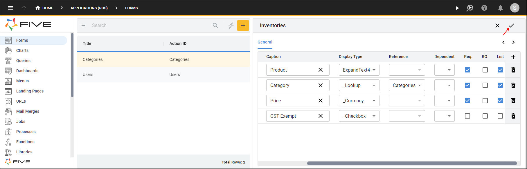 Configure the Fields and Save the Inventories Form