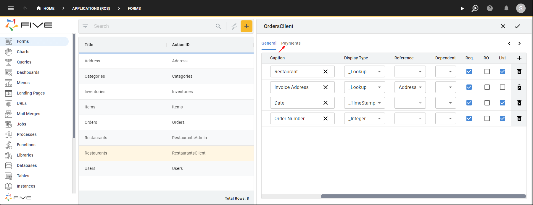 Configure the Fields and Select the Payments Tab