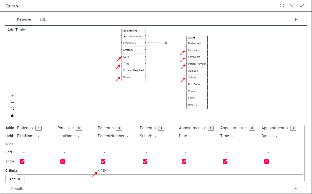 Select fields and criteria