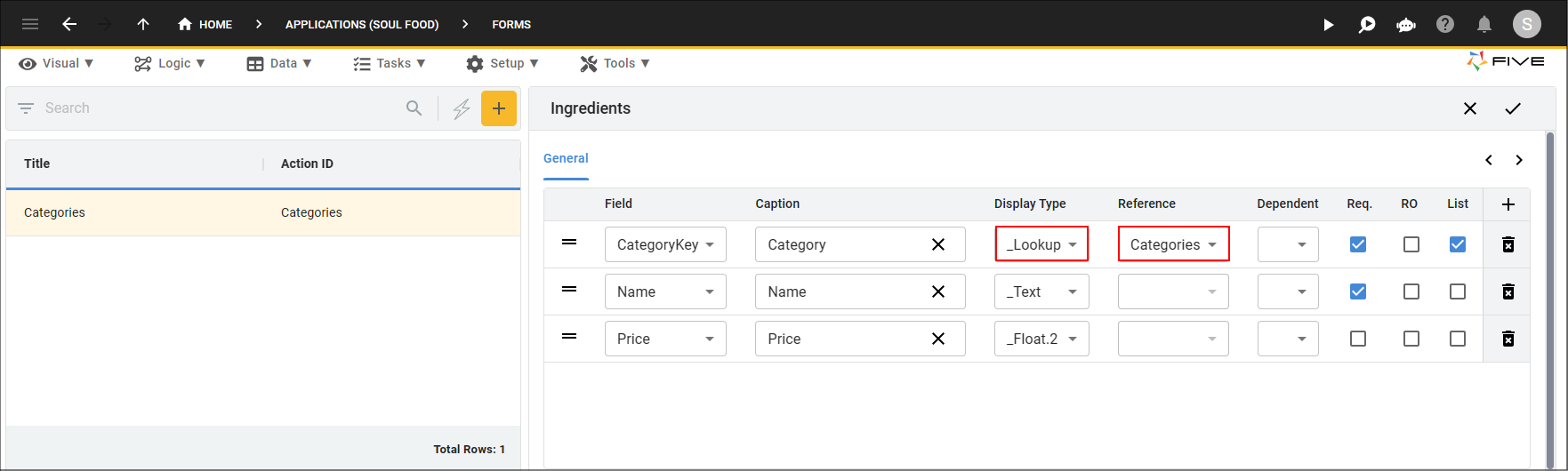 Category Field on the Ingredients Form