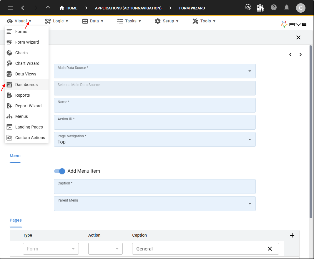 Dashboards menu item