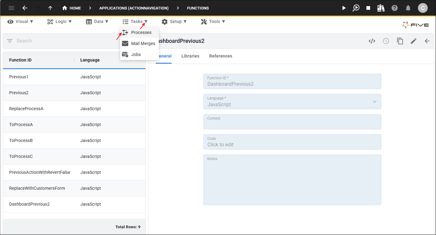 Processes menu item