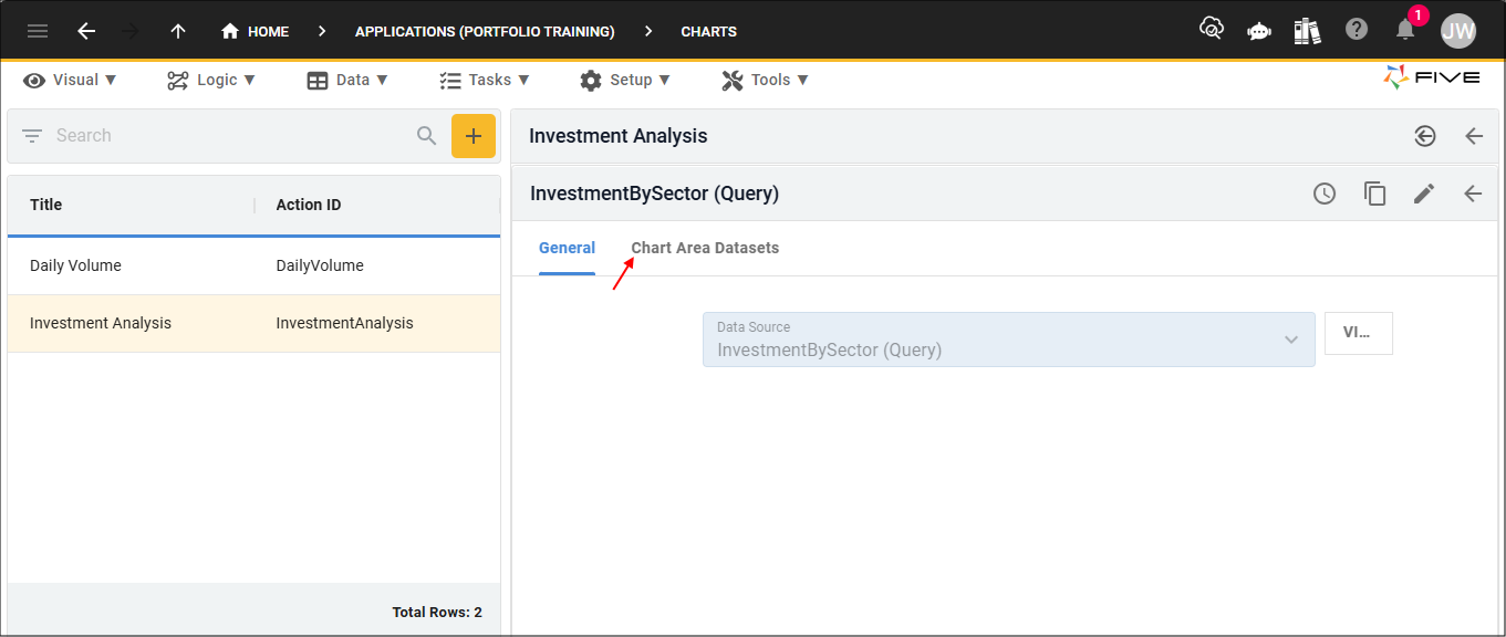 Chart Area Datasets tab