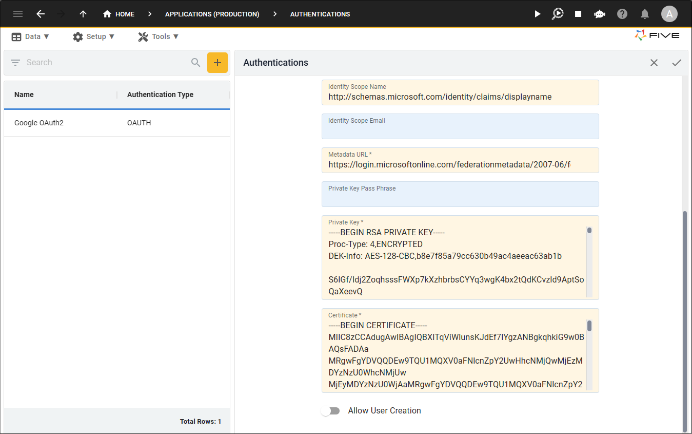 Private Key and Certificate values