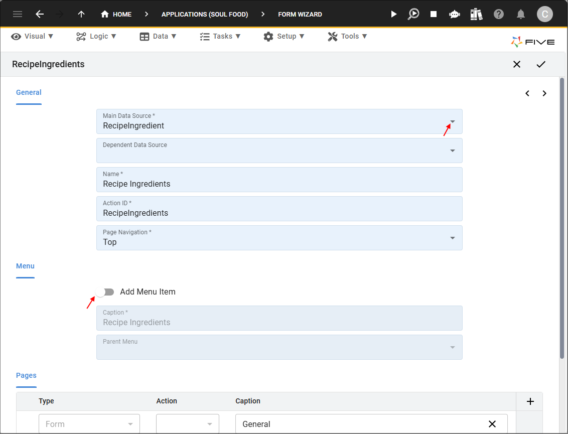 Main Data Source field and Add Menu Item switch
