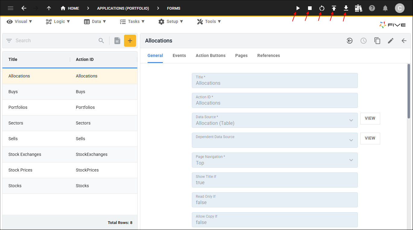 Run, Remove from Development, Restart Development, Import Database to Development, and Back up Development buttons