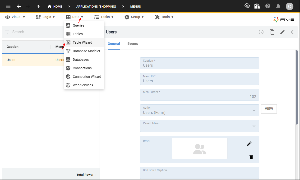 Table Wizard menu item