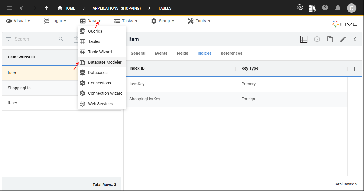 Database Modeler menu item