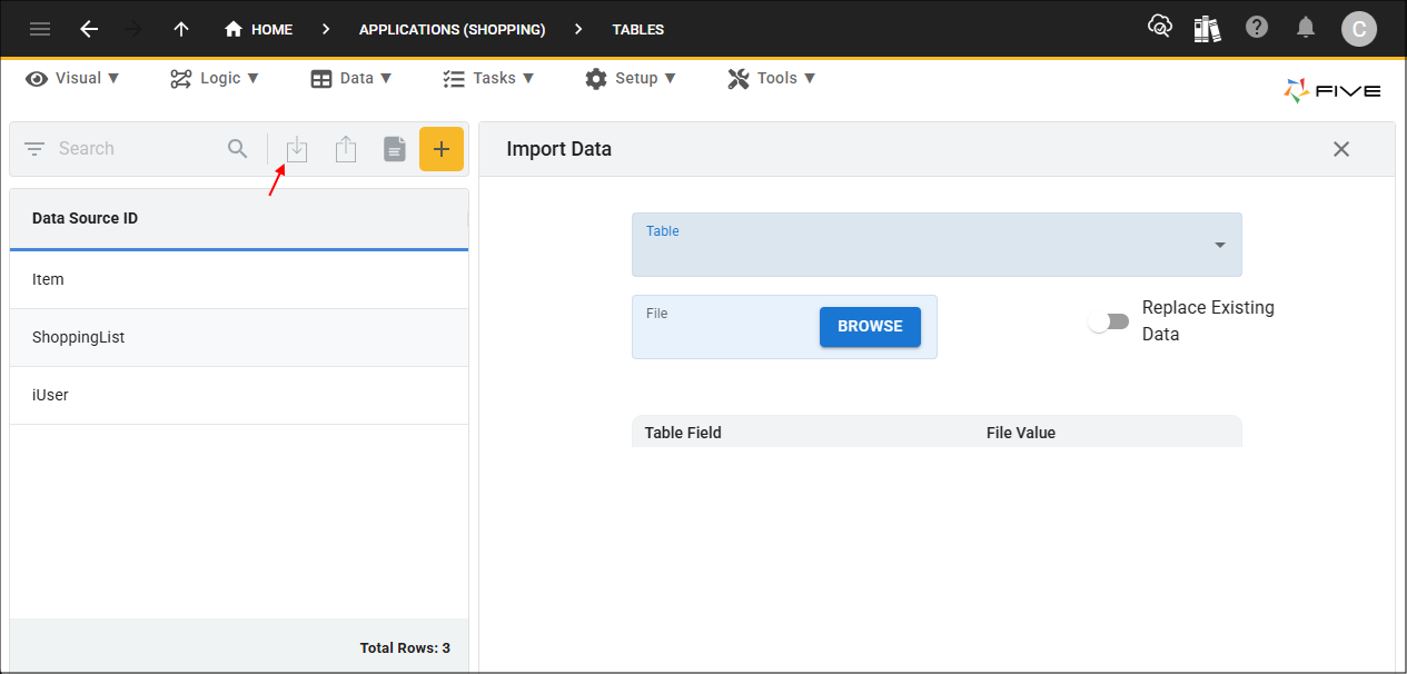 Import CSV into Table button