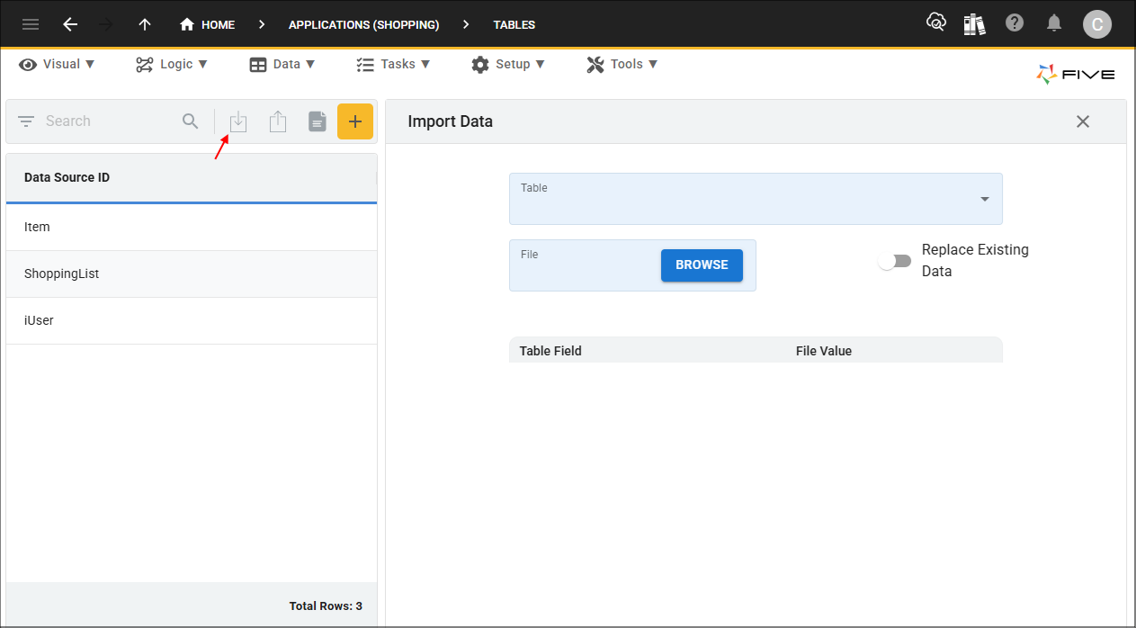 Import CSV into Table button