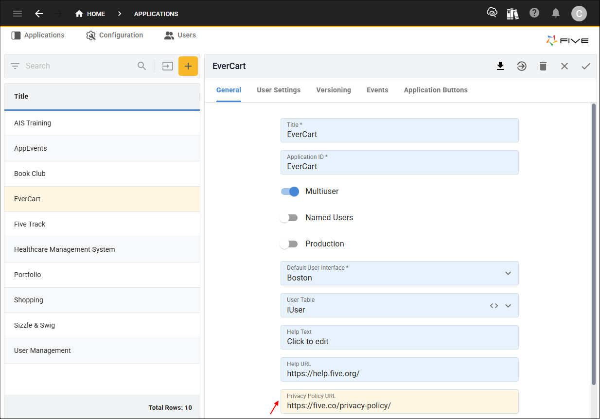 Privacy Policy URL field