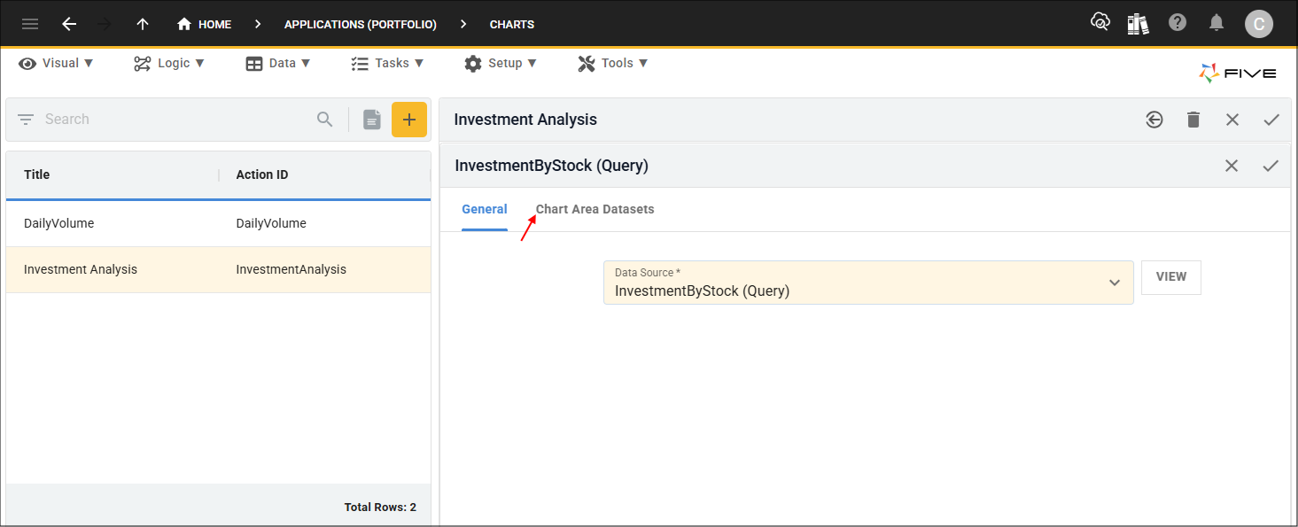 Chart Area Datasets tab