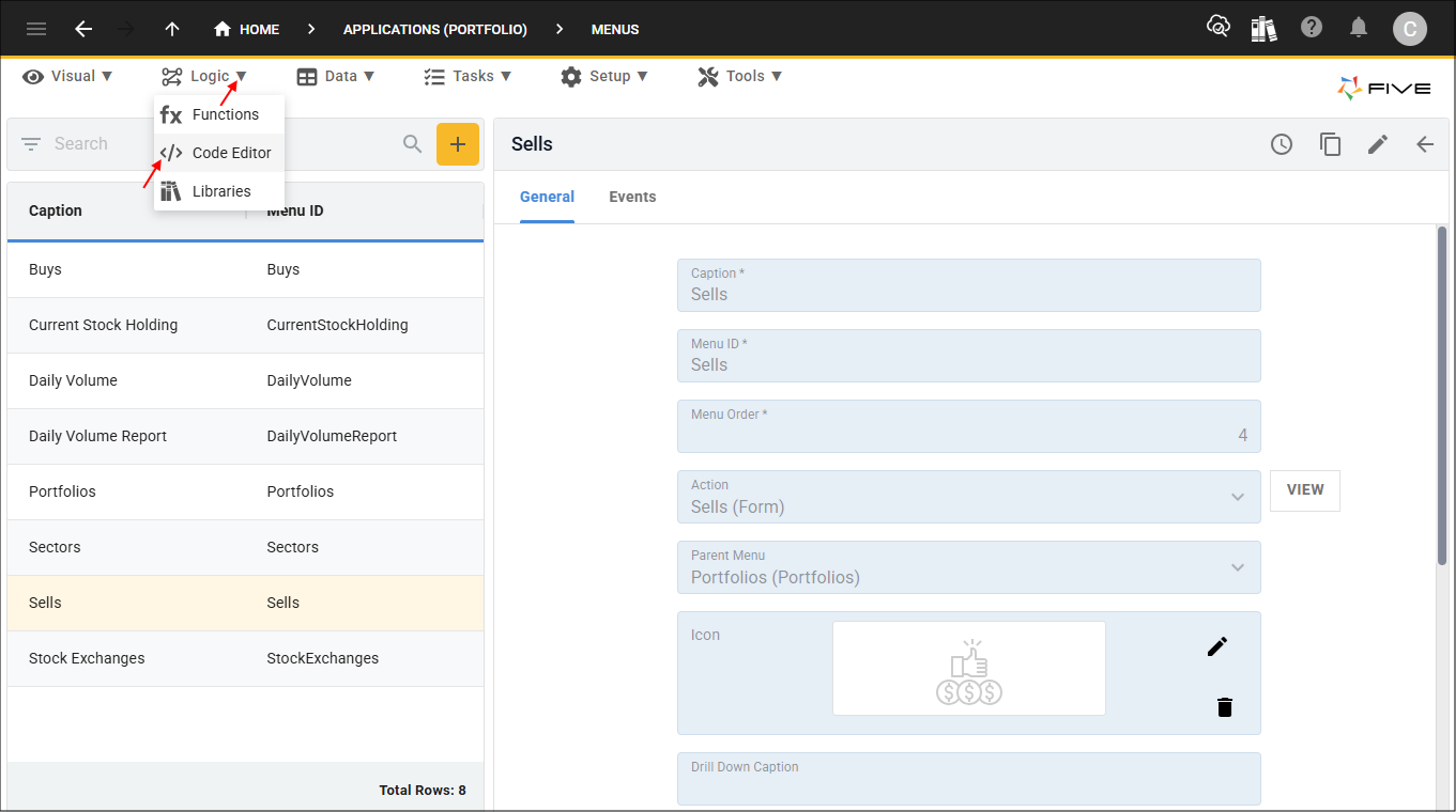 Code Editor menu item