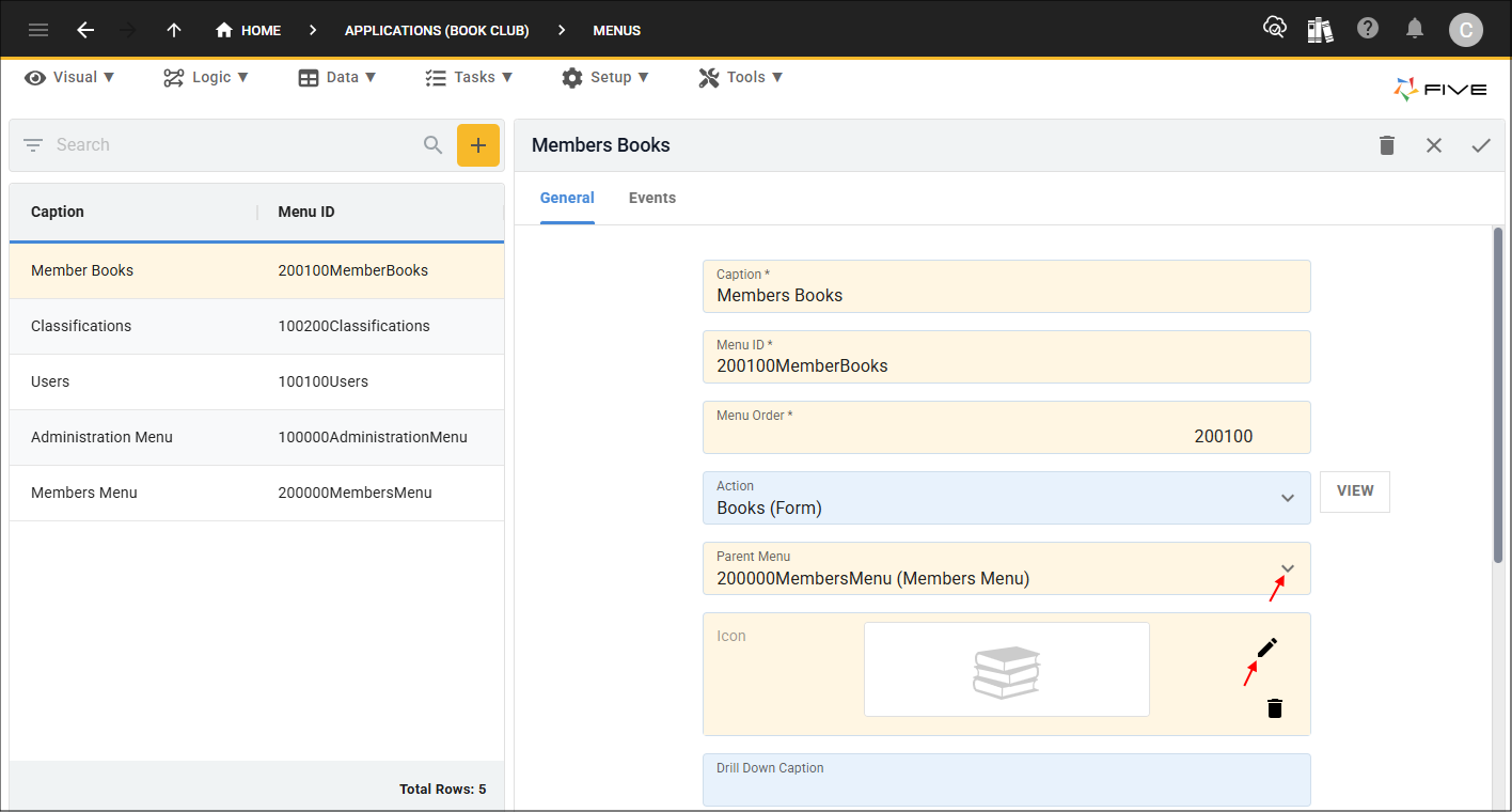 Edit Books menu
