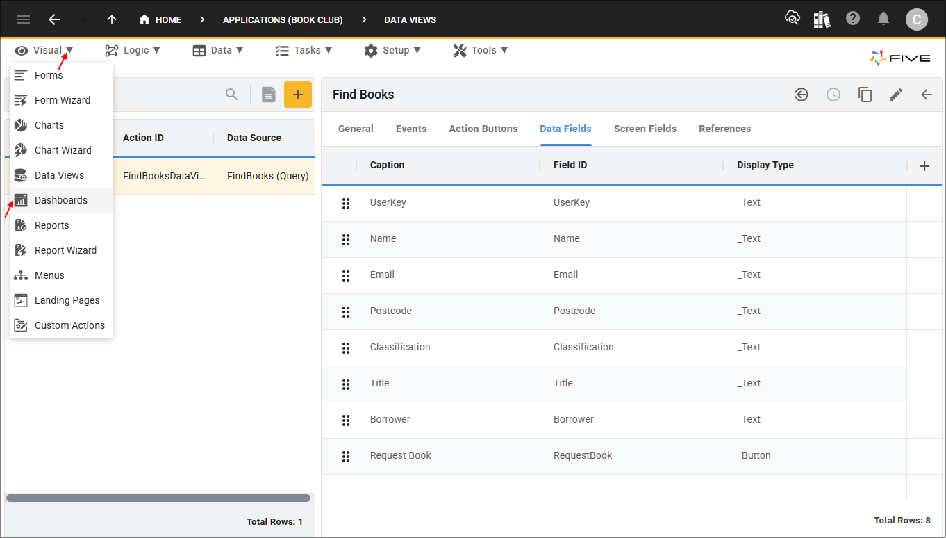 Dashboards menu item