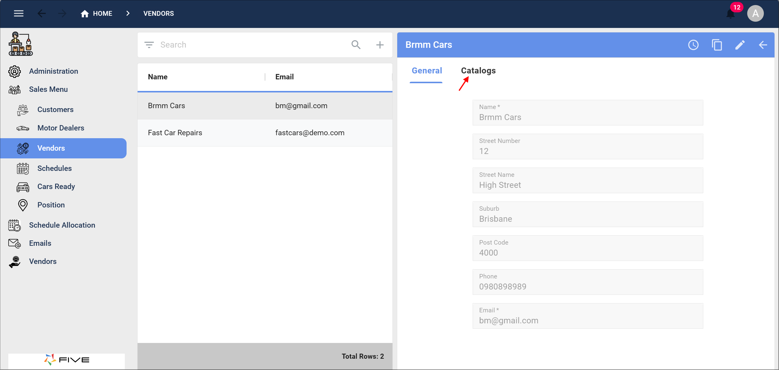 Catalogs tab