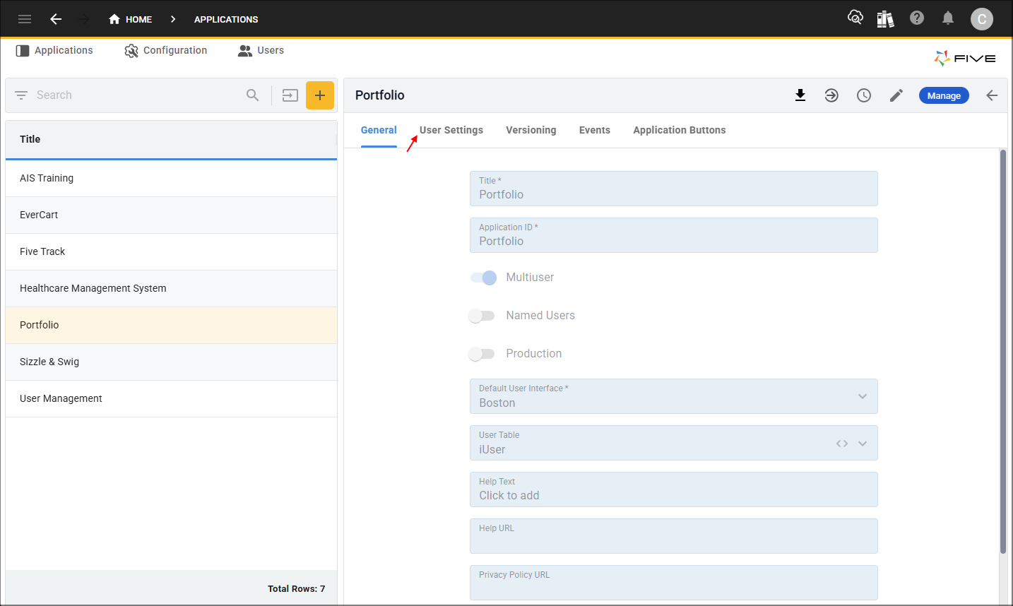 User Settings tab
