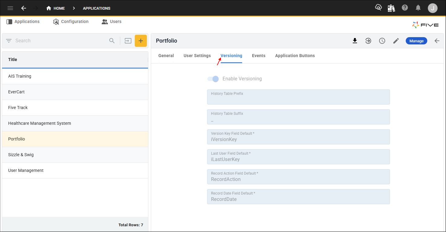 Versioning tab