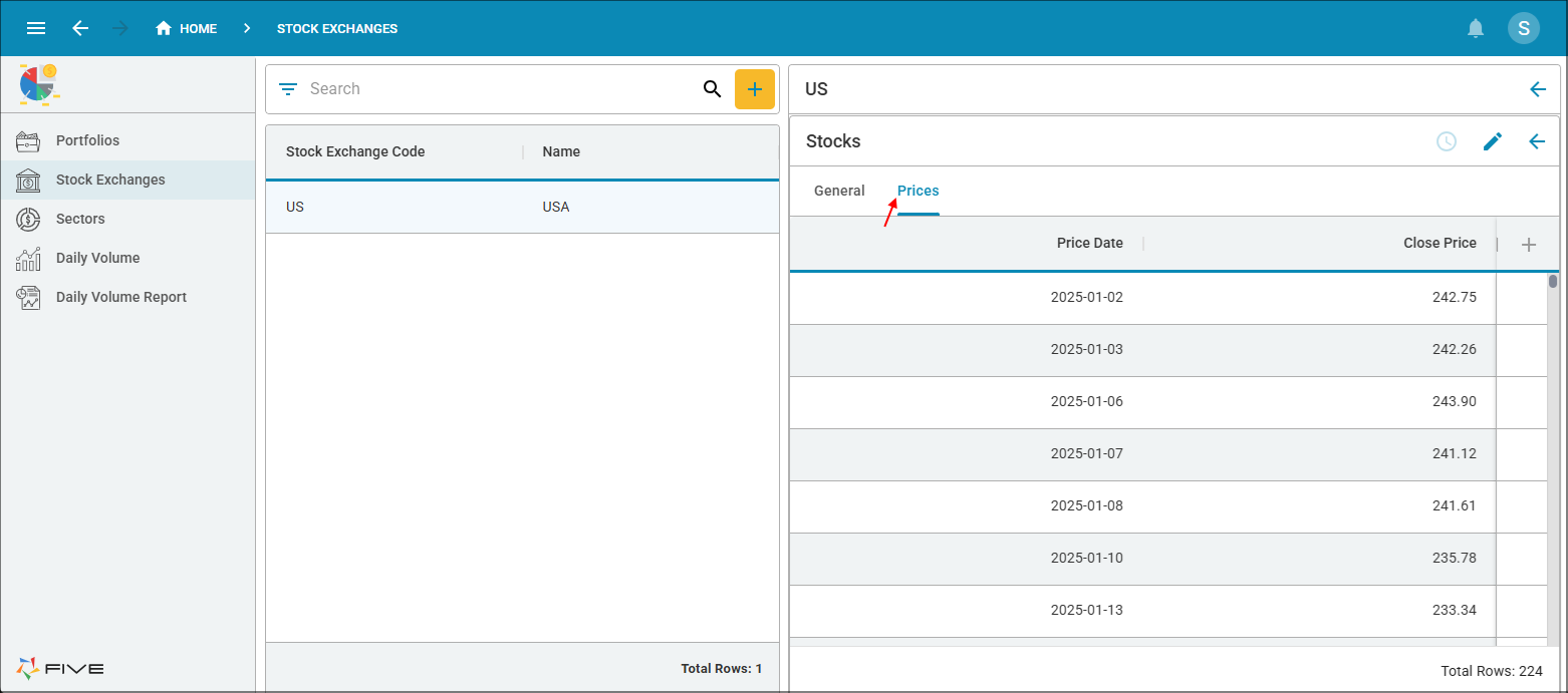 Prices page on the Stocks form