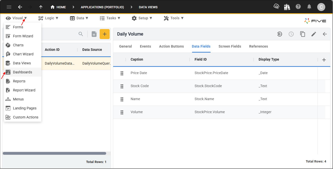 Dashboards menu item