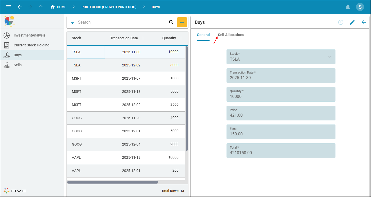 Sell Allocations tab