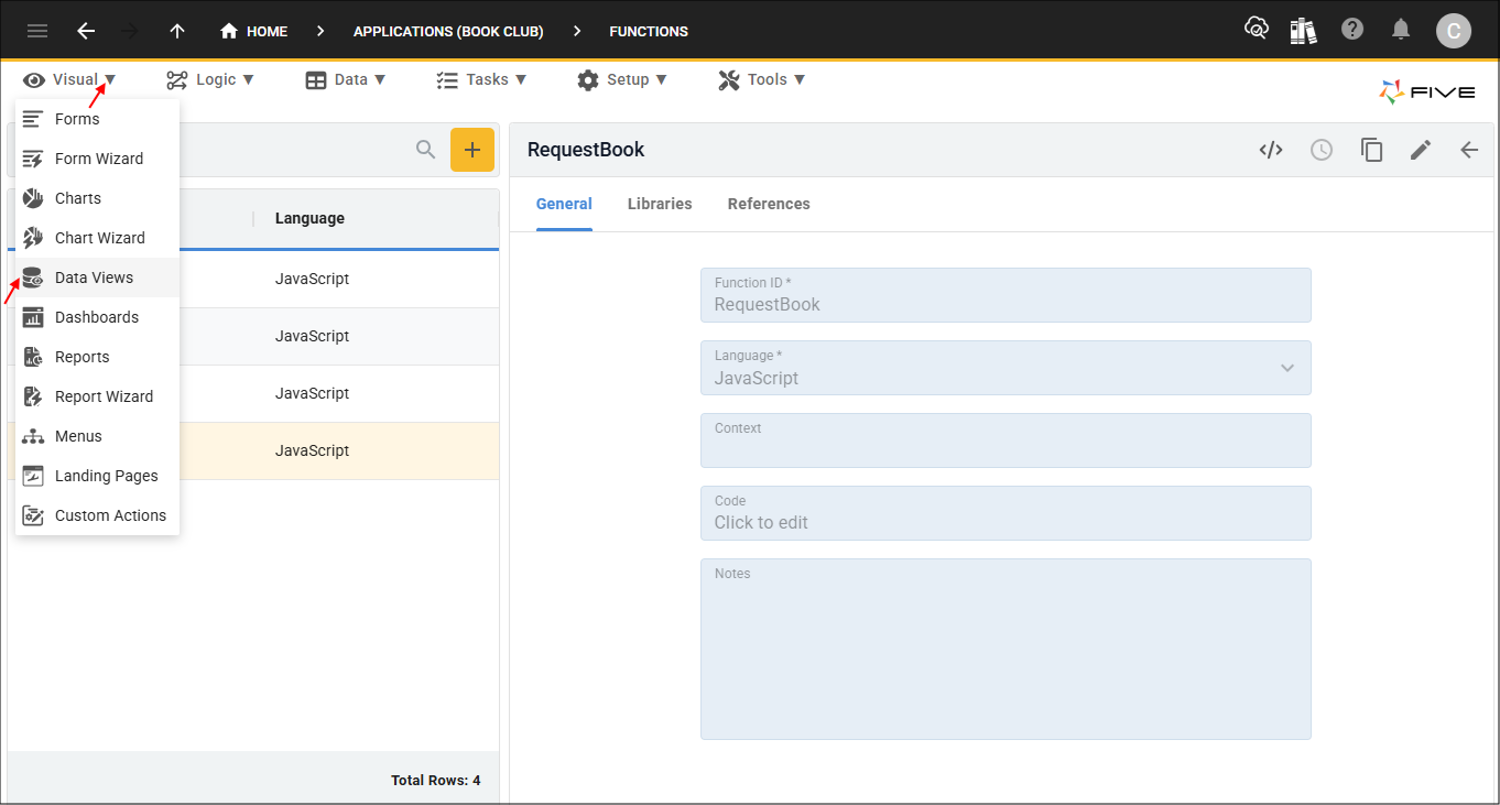Data Views menu item