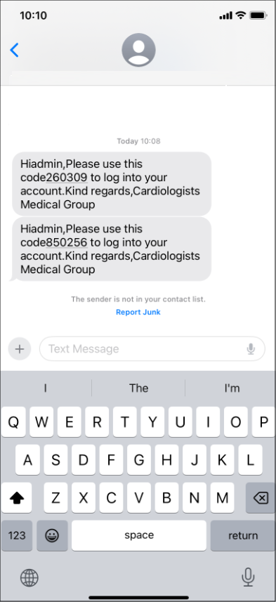 Text message with code