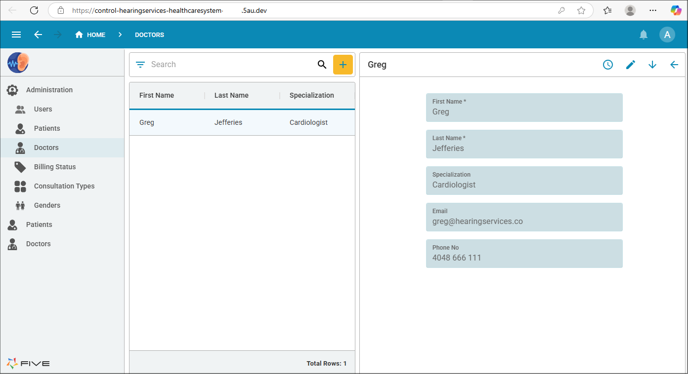 Hearing Services instance of the Healthcare Management System application