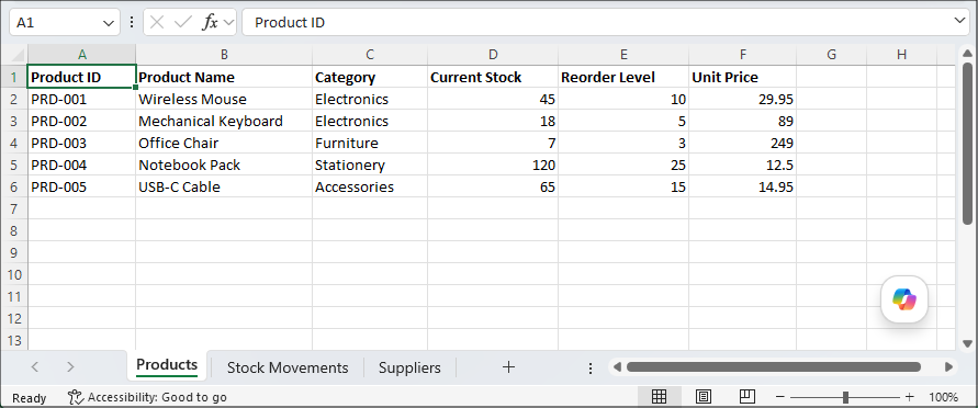 Products worksheet