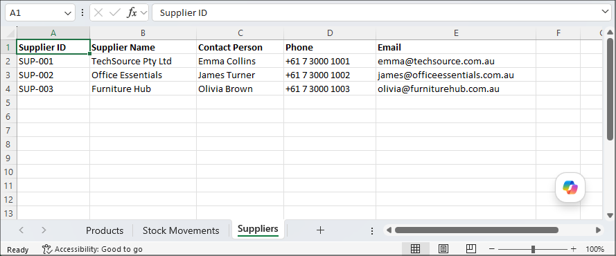 Suppliers worksheet
