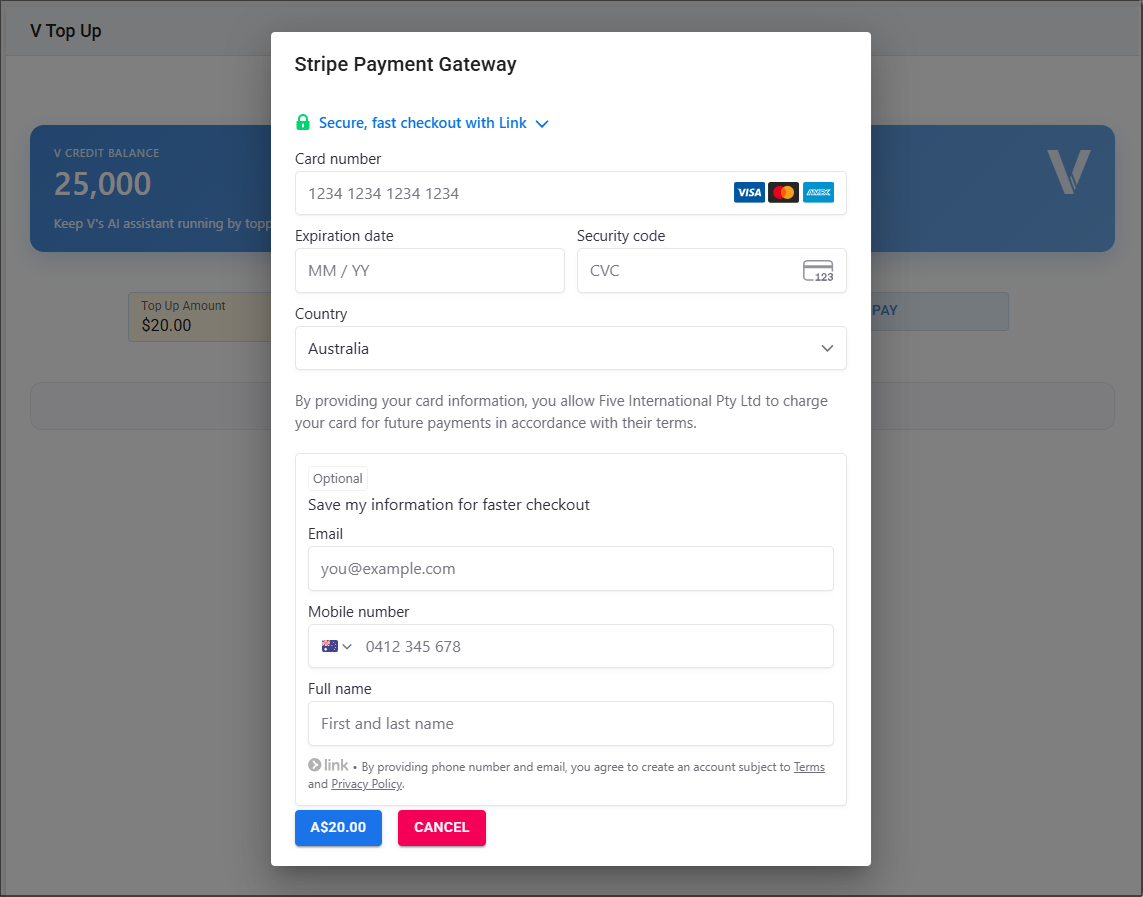 Stripe payment dialog